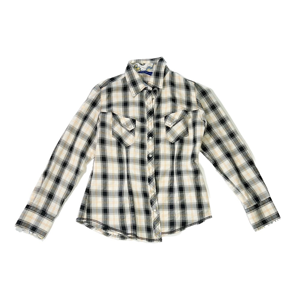 Georg Roth LA Cotton Long Sleeve Plaid Collared Shirt Black White Yellow Size S